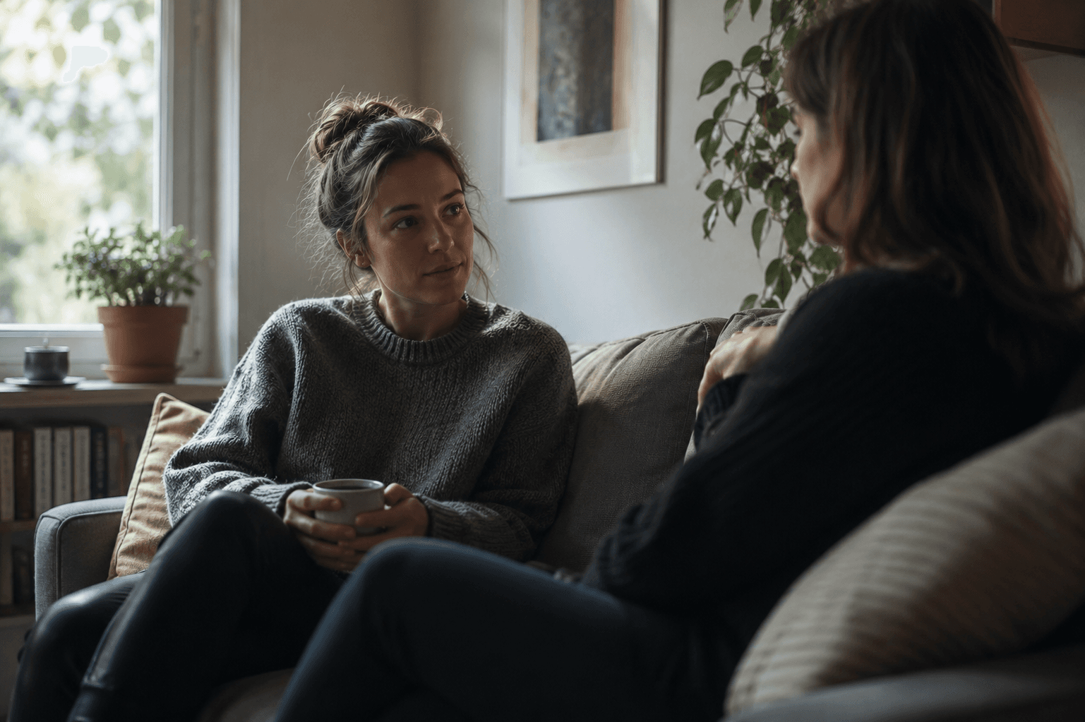 Female-led support conversation in a relaxed residential setting